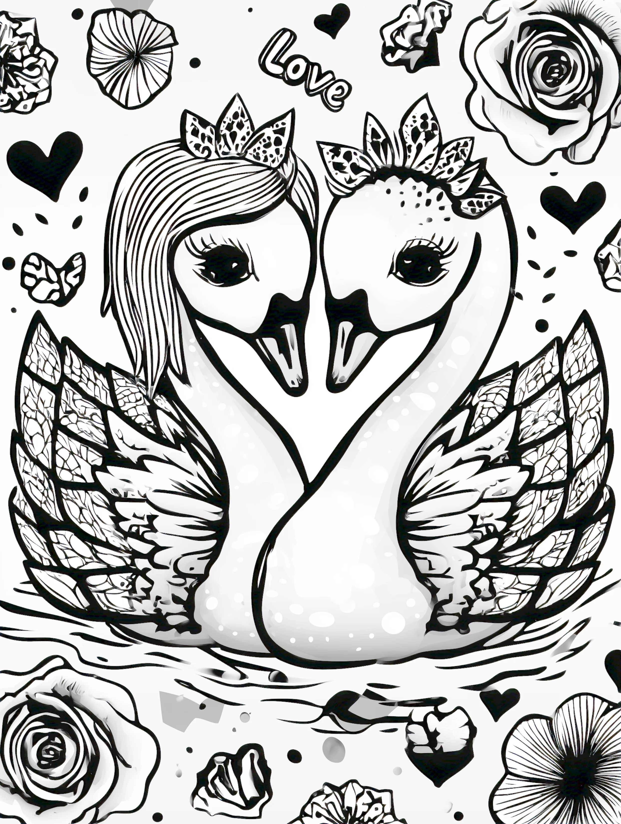 Free printable valentines coloring pages for adults featuring love and swans